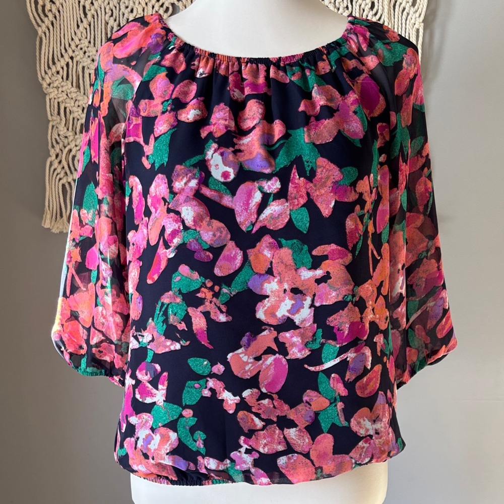 Ann Taylor Vibrant Floral Blouse - Pink and Green
